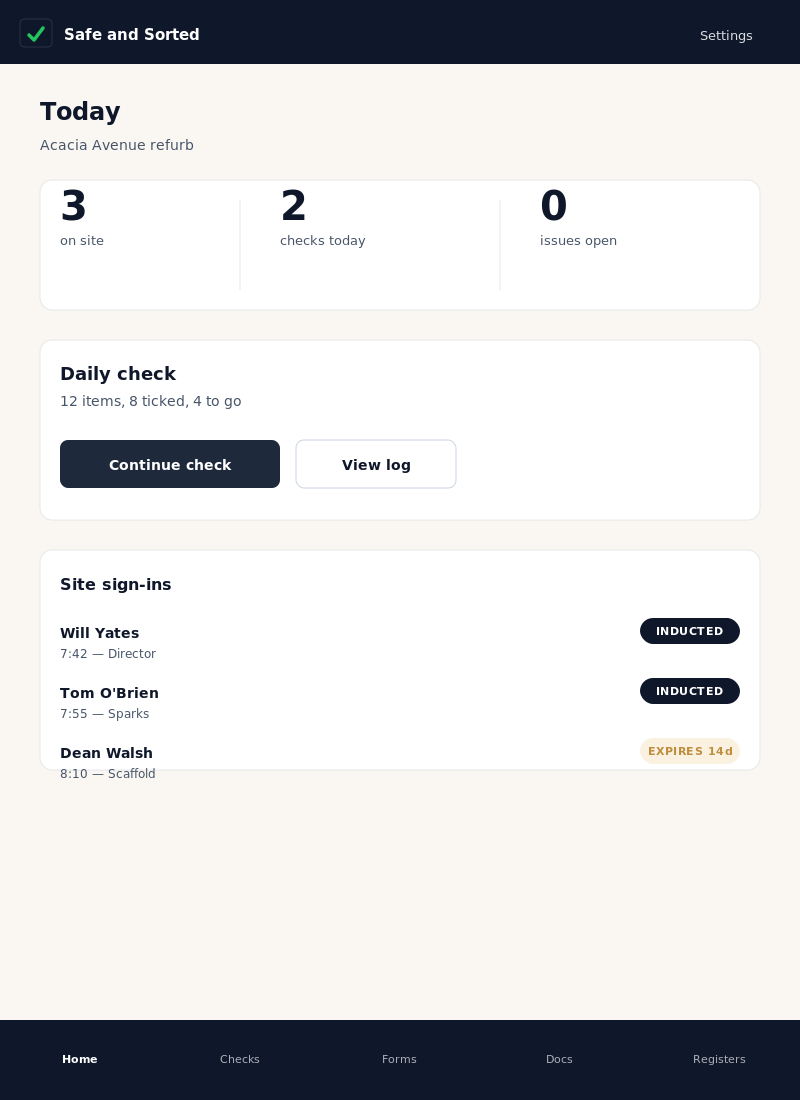 Safe and Sorted dashboard view showing recent RAMS, sign-ins and tick lists